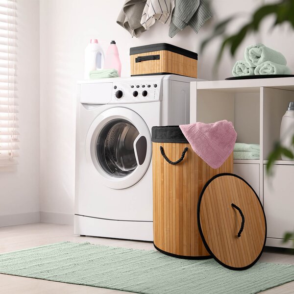 Compactor skládací koš na prádlo BAMBOO, 75 L, kulatý, 40 x 60 cm, bambus, černá látka