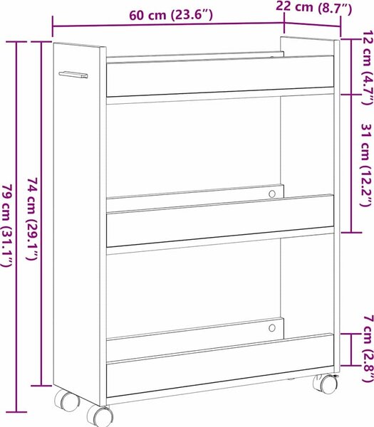 VidaXL Skříňka na kolečkách 60x22x79 cm kompozitní dřevo [869140] Barva: dub sonoma