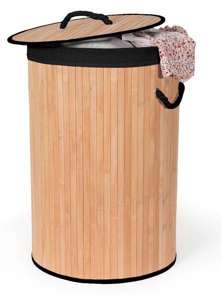 Compactor skládací koš na prádlo BAMBOO, 75 L, kulatý, 40 x 60 cm, bambus, černá látka