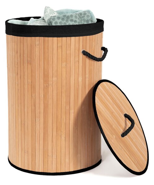 Compactor skládací koš na prádlo BAMBOO, 75 L, kulatý, 40 x 60 cm, bambus, černá látka