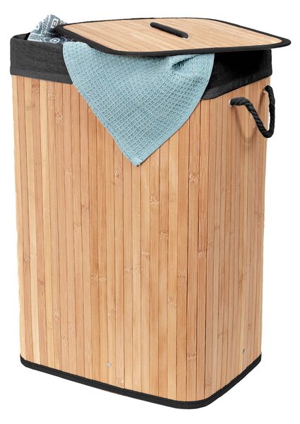 Compactor skládací koš na prádlo BAMBOO, 90 L, obdélník, 45 x 35 x 60cm, bambus, černý