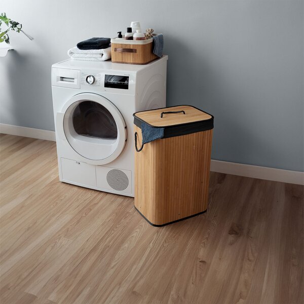 Compactor skládací koš na prádlo BAMBOO, 90 L, obdélník, 45 x 35 x 60cm, bambus, černý
