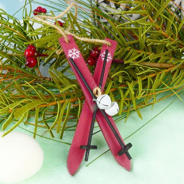 Závěsná vánoční dekorace- dřevěné lyže červené 12 cm