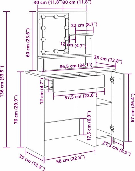 VidaXL Toaletní stolek s LED 86,5x35x136 cm [862108] Barva: kouřový dub