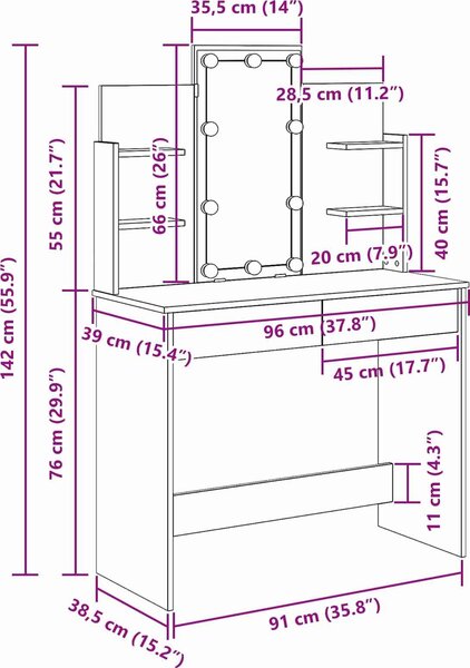 VidaXL Toaletní stolek s LED osvětlením 96 x 40 x 142 cm [862109] Barva: Bílá