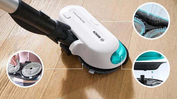 BOSCH Akumulátorový vysavač 2 v 1, vysávání a mopování Unlimited 7 ProHygienic Aqua White