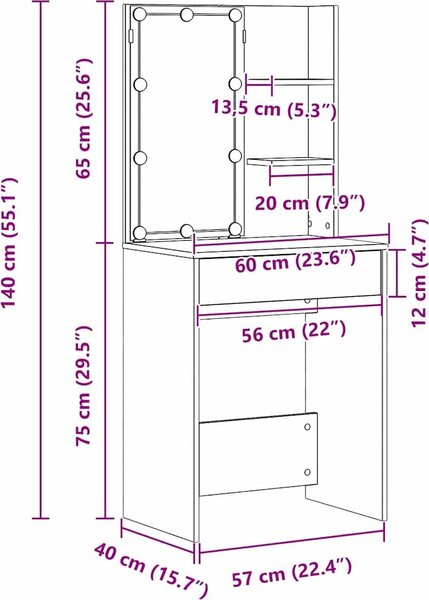VidaXL Toaletní stolek s LED 60 x 40 x 140 cm [862780] Barva: dub artisan