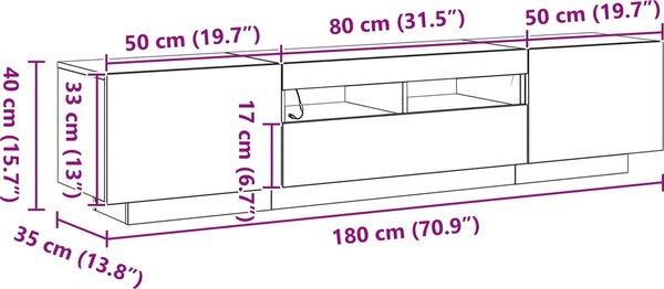 VidaXL TV skříňka s LED osvětlením 180 x 35 x 40 cm [3333062] Barva: kouřový dub