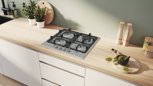 Bosch Serie 4 PGH6B5K90 varná deska Nerezová ocel Vestavěné 60 cm Plynový 4 zóna/zón
