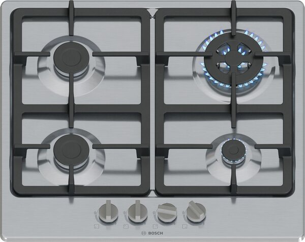Bosch Serie 4 PGH6B5K90 varná deska Nerezová ocel Vestavěné 60 cm Plynový 4 zóna/zón
