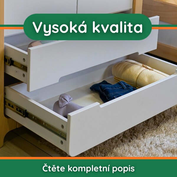 Dětská komoda se 4 zásuvkami Zukko Gekko. 120x50x85cm. Bílá / Přírodní Buk
