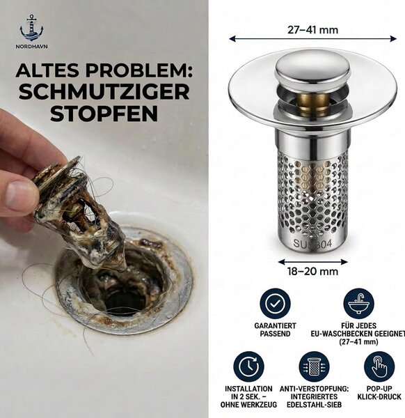 Univerzální uzávěr pro umyvadla o průměru 27–41 mm, vyrobený z nerezové oceli, s sítkem a filtrem na vlasy, automatický (pop-up) uzávěr se silikonovými kroužky