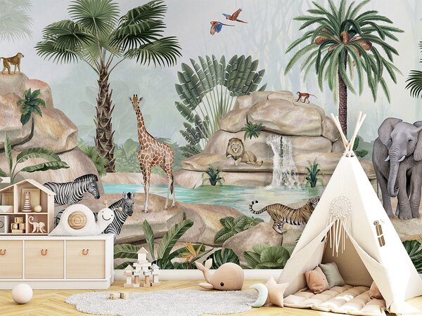 Afrika tapeta exotická zvířata džungle - Jungle Jive | Fugu Materiál: Digitální eko vlies - klasická tapeta nesamolepicí