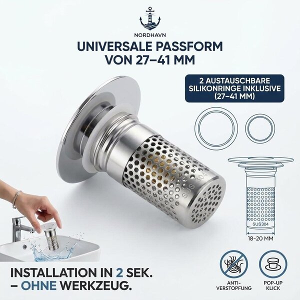 Univerzální uzávěr pro umyvadla o průměru 27–41 mm, vyrobený z nerezové oceli, s sítkem a filtrem na vlasy, automatický (pop-up) uzávěr se silikonovými kroužky