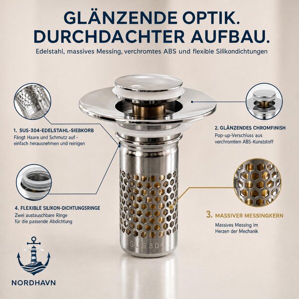 Univerzální uzávěr pro umyvadla o průměru 27–41 mm, vyrobený z nerezové oceli, s sítkem a filtrem na vlasy, automatický (pop-up) uzávěr se silikonovými kroužky
