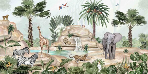 Afrika tapeta exotická zvířata džungle - Jungle Jive | Fugu Materiál: Digitální eko vlies - klasická tapeta nesamolepicí