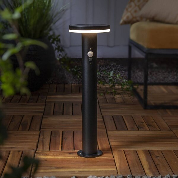 STAR TRADING Solární LED podstavec Valletta Sensor černý kov 50 cm, Černá, Nerezová ocel, Moderní, Solární lampy