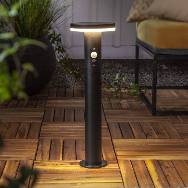 STAR TRADING Solární LED podstavec Valletta Sensor černý kov 50 cm, Černá, Nerezová ocel, Moderní, Solární lampy