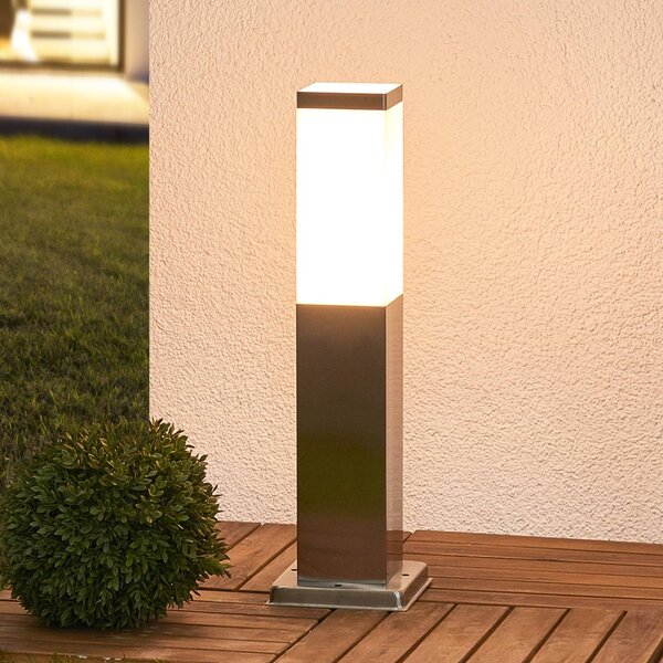 Lindby stojací lampa Lorian, 45 cm, nerezová ocel, IP44, E27, stmívatelný, Hliník / šedá / zinek, Nerezová ocel, Moderní