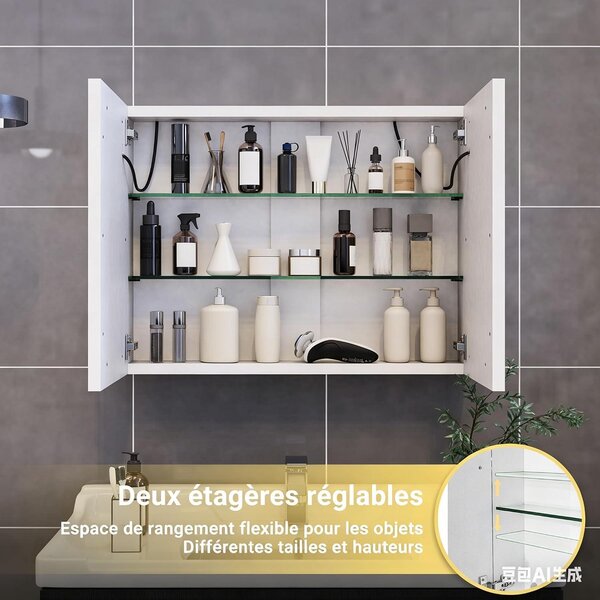 Skříňka do koupelny se zrcadlem – nástěnná skříňka, úložný prostor – organizace koupelny – nastavitelné LED osvětlení – 80 x 60 cm – bílá