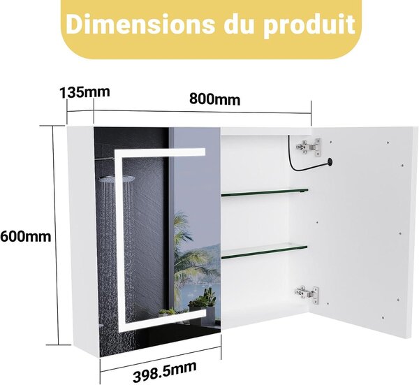 Skříňka do koupelny se zrcadlem – nástěnná skříňka, úložný prostor – organizace koupelny – nastavitelné LED osvětlení – 80 x 60 cm – bílá