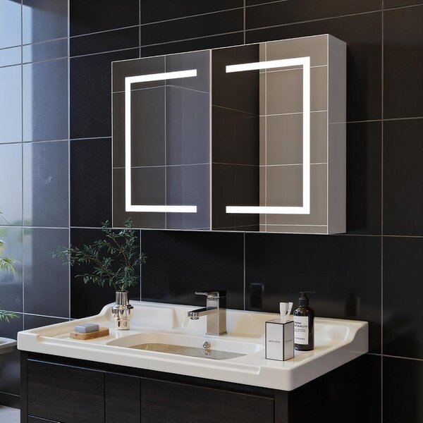 Skříňka do koupelny se zrcadlem – nástěnná skříňka, úložný prostor – organizace koupelny – nastavitelné LED osvětlení – 80 x 60 cm – bílá