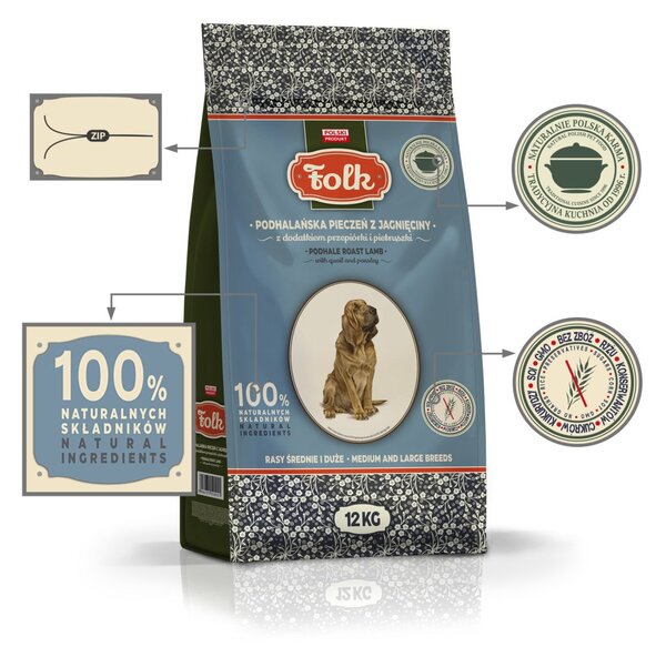 FLK FOLK Medium and large breeds Podhale-style lamb roast with quail and parsley - suché krmivo pro psy - 12kg
