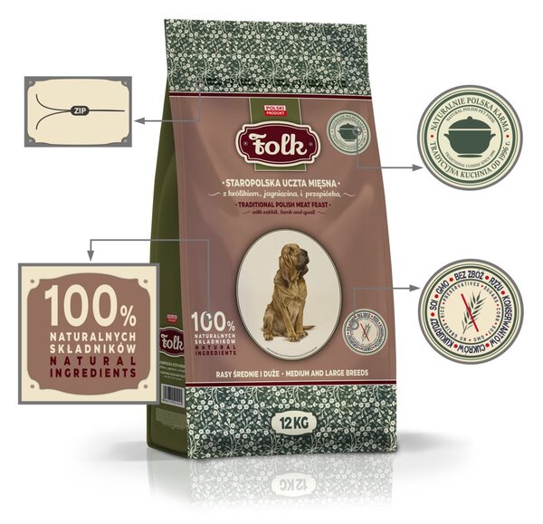 FLK FOLK Medium and large breeds Traditional polish meat feast with rabbit, lamb and quail - suché krmivo pro psy - 12kg