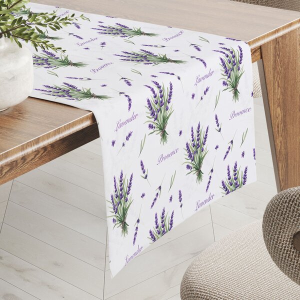 Biante Dekorační běhoun na stůl Rongo RGP-508 Snítky levandulí Provence na bílém 20x120 cm