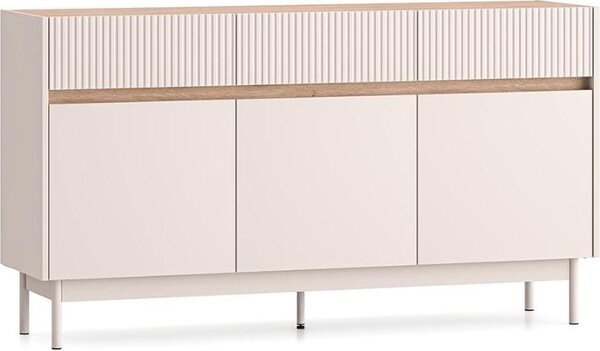Komoda Dunea, rozměry 154x85x40 cm, 3 dveře, 1 zásuvka, reliéfní povrch, vhodná do obývacího pokoje, barva: béžová/dub