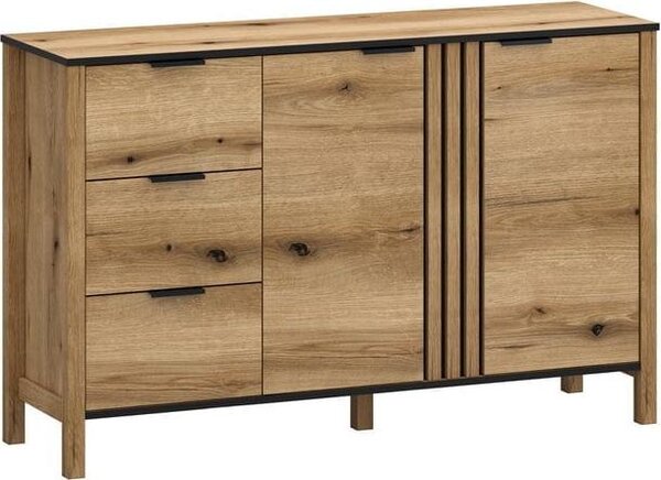 Komoda Helix, rozměry 138 x 88 x 40,5 cm, 2 dvířka, 3 zásuvky, nožky, barva: dub, vhodná do obývacího pokoje