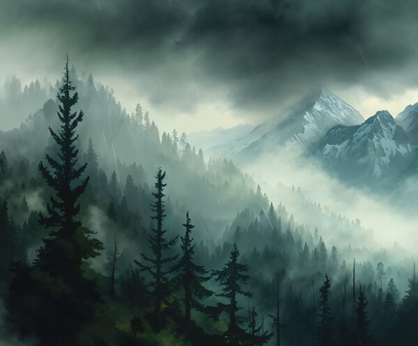 Obraz na plátně - Deštivé zakaboněné hory FeelHappy.cz Velikost obrazu (šířka x výška): 120 x 40 cm