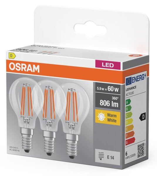 LED žárovka Base Classic P 60 Filament, 5.9W, Teplá bílá, Čirá, E14