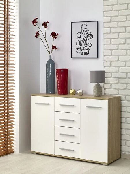 Komoda Lima KM-4 116x82x40 cm komoda do obývacího pokoje dub sonoma/bílá