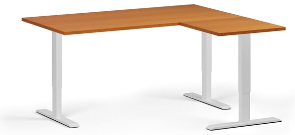 Rohový výškově nastavitelný stůl, 160x140 cm, 3 motory, L/P, bílá podnož, třešeň