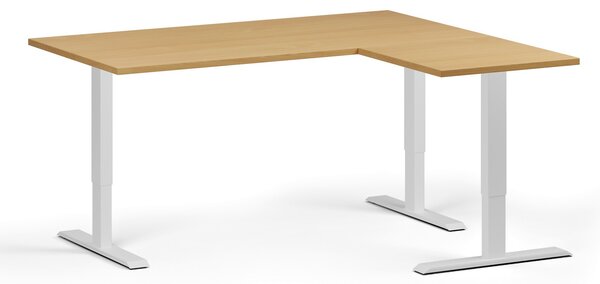 Rohový výškově nastavitelný stůl, 160x140 cm, 3 motory, L/P, bílá podnož, buk