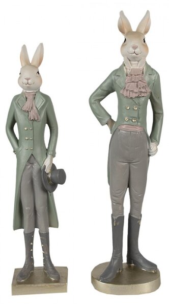 Zeleno-šedá figurka elegantní zajíc ve fraku s fiží S – 20 cm