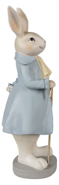Šedo-modrá velikonoční figurka zajíček s hůlkou ve fráčku – 12x9x26 cm
