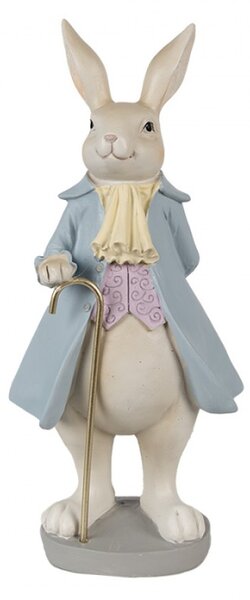 Šedo-modrá velikonoční figurka zajíček s hůlkou ve fráčku – 12x9x26 cm