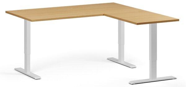 Rohový výškově nastavitelný stůl, 160x160 cm, 3 motory, L/P, bílá podnož, buk