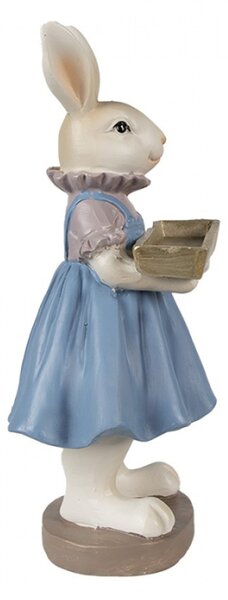 Modro-béžová velikonoční figurka zaječice s truhlíkem v pacičkách – 10x8x20 cm