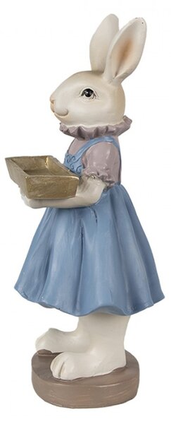 Modro-béžová velikonoční figurka zaječice s truhlíkem v pacičkách – 10x8x20 cm