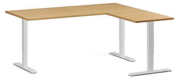 Rohový výškově nastavitelný stůl, 180x160 cm, 3 motory, L/P, bílá podnož, buk