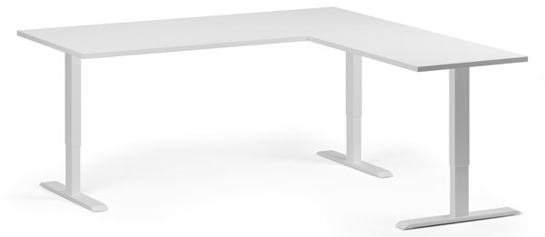 Rohový výškově nastavitelný stůl, 180x180 cm, 3 motory, L/P, bílá podnož, bílá