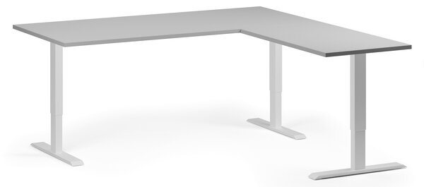 Rohový výškově nastavitelný stůl, 180x180 cm, 3 motory, L/P, bílá podnož, šedá
