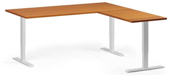 Rohový výškově nastavitelný stůl, 180x180 cm, 3 motory, L/P, bílá podnož, třešeň