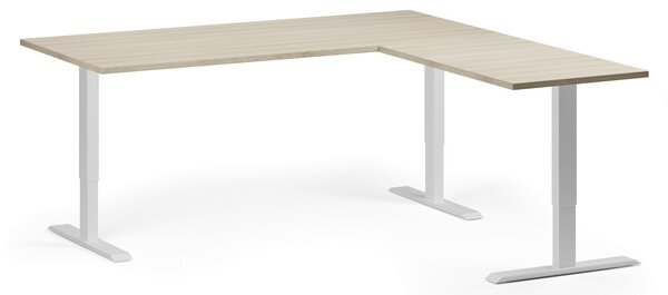 Rohový výškově nastavitelný stůl, 180x180 cm, 3 motory, L/P, bílá podnož, dub přírodní