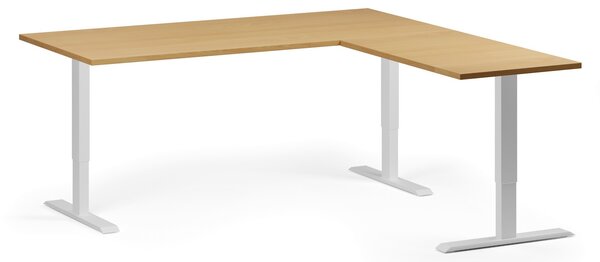 Rohový výškově nastavitelný stůl, 180x180 cm, 3 motory, L/P, bílá podnož, buk