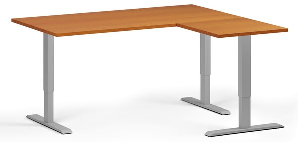 Rohový výškově nastavitelný stůl, 160x140 cm, 3 motory, L/P, šedá podnož, třešeň
