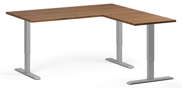 Rohový výškově nastavitelný stůl, 160x160 cm, 3 motory, L/P, šedá podnož, ořech